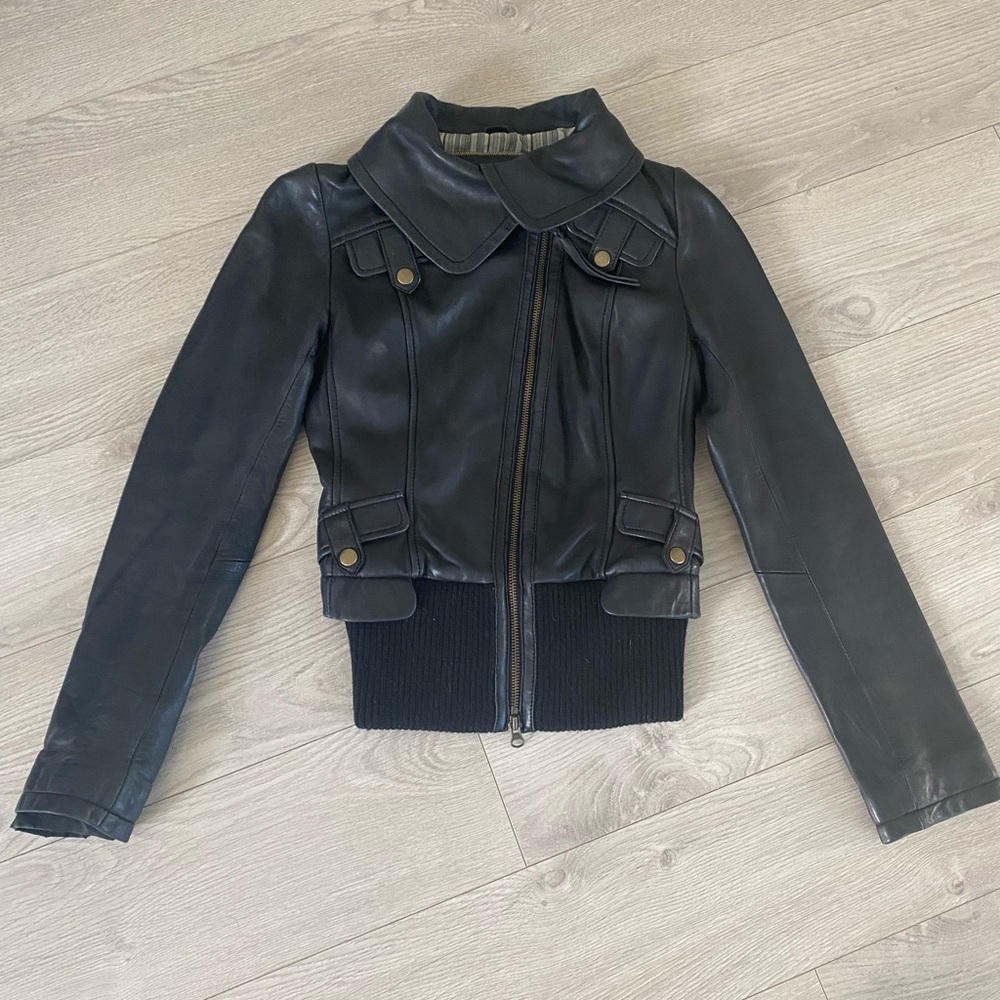 Mackage Women's Dark Leather Jacket with Ribbed Hem